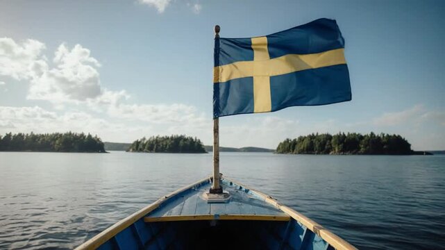 A serene boat journey on calm waters with a national flag waving, surrounded by lush green islands under a blue sky