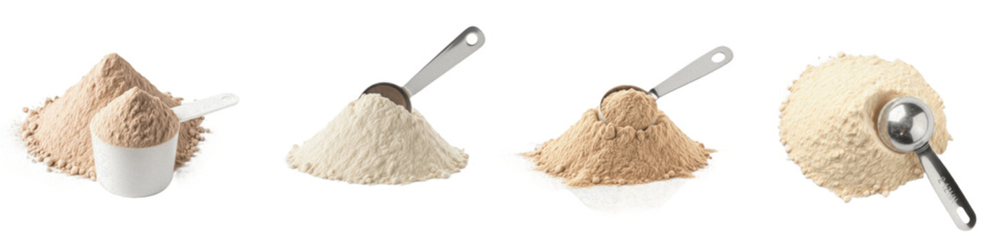 Set and collection of organic protein powder piles with metal measuring scoops, isolated on white transparent PNG background.