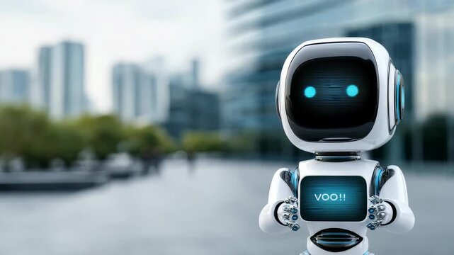 A friendly robot with a digital display interacts in a contemporary city, symbolizing artificial intelligence integration. The scene highlights smart technology and future urban development