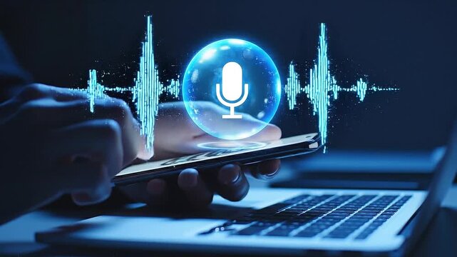 AI voice assistant and voice recognition on smartphone. Personal assistant, and voice controlled chatbot. Businessman with virtual icon.
