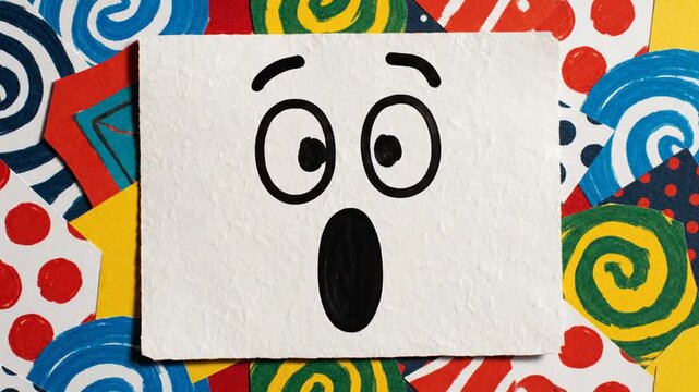 A white rectangle with a hand-drawn smiling face on a vibrant background of swirling patterns and dots in red, blue, yellow, and white