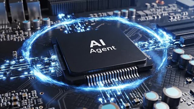 Close-up of glowing AI agent microchip on circuit board with digital neon elements. Studio conceptual image of artificial intelligence processor and advanced computing technology. AI systems 