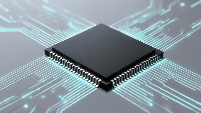 A close-up view of a sleek, black microchip with rows of silver pins on its edges, emitting a soft blue glow from within, set against a background of neon blue circuit board lines on a gray surface