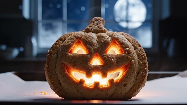 A cookie shaped like a jack-o-lantern with glowing eyes and mouth sits on white paper