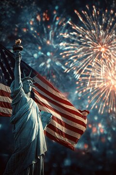 Holiday celebration event. The Statue of Liberty holding an American flag against a backdrop of vibrant fireworks, symbolizing the celebration of Independence Day.