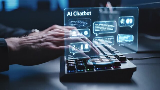 AI agent analyzing data and generating reports. Artificial intelligence and intelligent automation IA technology. Businessman using laptop computer to give instructions to AI at desk in office.