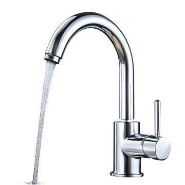 Sleek modern chrome kitchen faucet with a high arc spout actively pouring a steady stream of clean water downwards&nbsp;&nbsp;