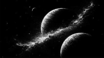 Planets and starry space stipple vector background. Cosmic landscape dots art for science, astronomy, technology, education. Universal adventure illustration. © hiten666