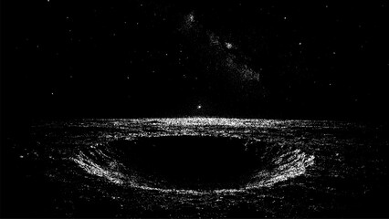 Large lunar crater on a stipple texture surface under a starry night sky. Space exploration and cosmic landscape background. © hiten666