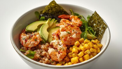 Colorful shrimp quinoa bowl with avocado, seaweed, and corn in a sleek design