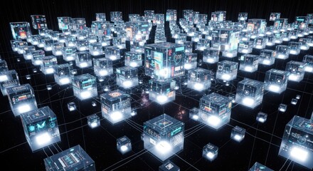 Fototapeta premium Abstract digital network illuminated cubes and data visualization concept