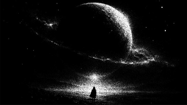 Woman looking at a planet with rings in a stipple effect. Space vector background for astronomy or science fiction concept.