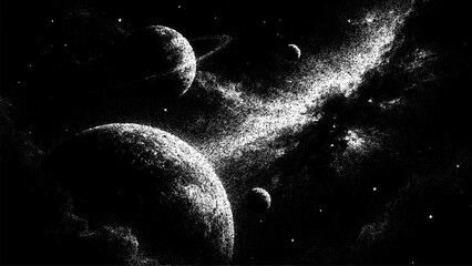 Planet space stipple background and cosmic dust, for dark graphic design element. Abstract black and white stippling galaxy. © hiten666