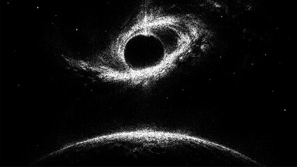 Fototapeta na wymiar Stipple drawing of a black hole with a planet below. Stylized space background for astrophysics and science. Graphic design element for posters.