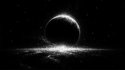 Dark planet with glowing rings and distant stars. Abstract digital space background design for science and galaxy concept. © hiten666