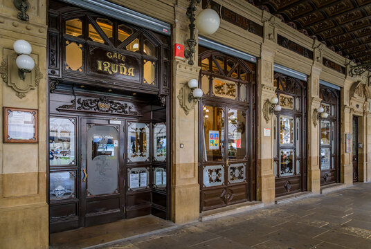 Historic coffee shop Iruna, frequented by Ernest Hemingway in Pamplona, Spain