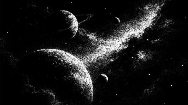 Planet space stipple background and cosmic dust, for dark graphic design element. Abstract black and white stippling galaxy.