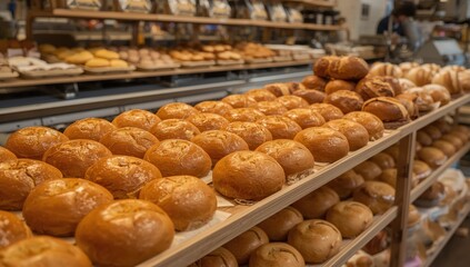 Newly baked rolls in the bakery display