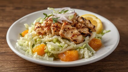 Newly prepared cabbage salad topped with grilled chicken and onions