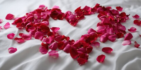 Elegant Heart Shape of Red Rose Petals on White Fabric, Evoking Love and Passion.