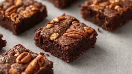 Nutty chocolate brownies against a gray backdrop