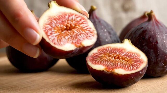 Close-up of a hand opening a fresh fig, revealing its vibrant red interior and tiny seeds, with more whole figs in the background.