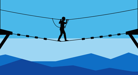 Person crossing suspension bridge over mountains viewed from behind