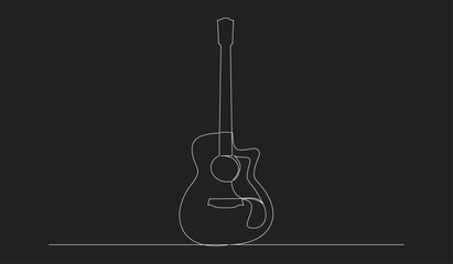 Fototapeta premium Minimalist Continuous Line Art Drawing of an Acoustic Guitar on a Black Background