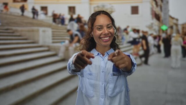 Woman smiling and pointing both index fingers toward camera on outdoor stone steps street with blurred crowd; joy connection.