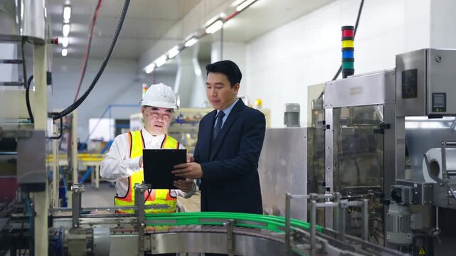 Asian factory manager and quality control inspector reviewing production process line in food manufacturing plant with safety hygiene and industrial packaging operation in modern processing facility