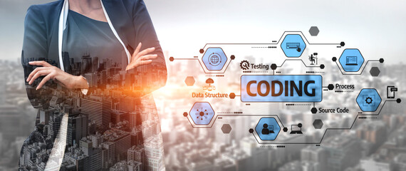 A professional woman stands confidently against a city skyline, surrounded by icons representing coding concepts such as data structure, source code, and testing in modern technology. Tessel © InfiniteFlow