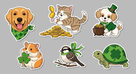 Fototapeta premium St. Patrick's Day stickers featuring happy animals with shamrocks