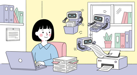 Fototapeta premium Woman works efficiently on laptop surrounded by robotic helpers in office environment