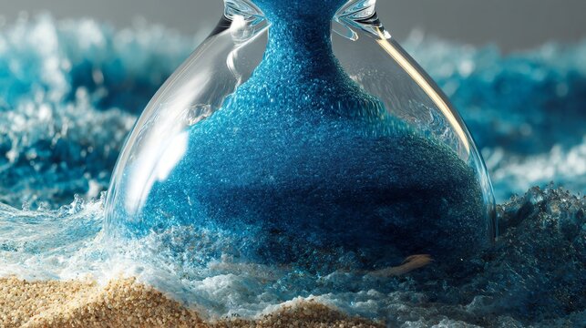 Time's Flow: An artistic representation of time's passage unfolds, visualized by an hourglass filled with blue sand, against a backdrop of flowing water and sandy shores.