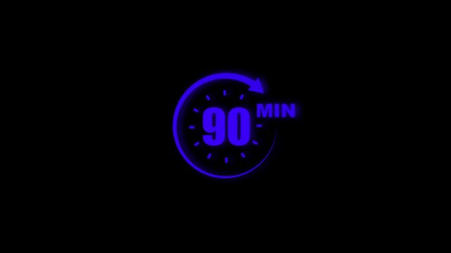 Blue 90 minute timer clock on black background with neon glow, countdown timer symbol, 90 minute counter, time management concept, productivity