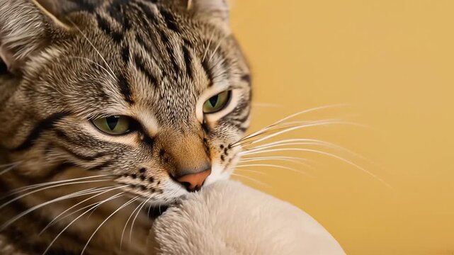 Close-up of a striped cat biting and playing with a soft fabric blanket showing natural feline behavior