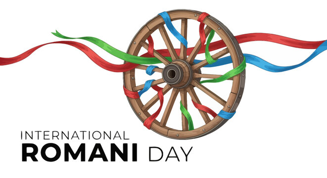 Colorful Wagon Wheel with Ribbons International Romani Day.