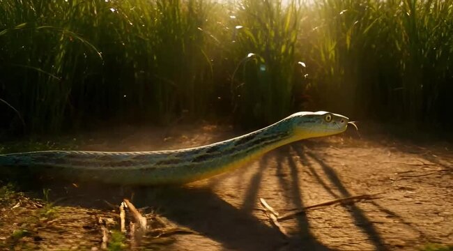 Side view of a vibrant green patterned snake slithering on a dirt path through sunlit tall grass, flicking its tongue