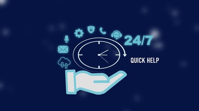 24/7 Quick Help Support Services with Hand Holding Clock and Various Communication Symbols 24/7 support