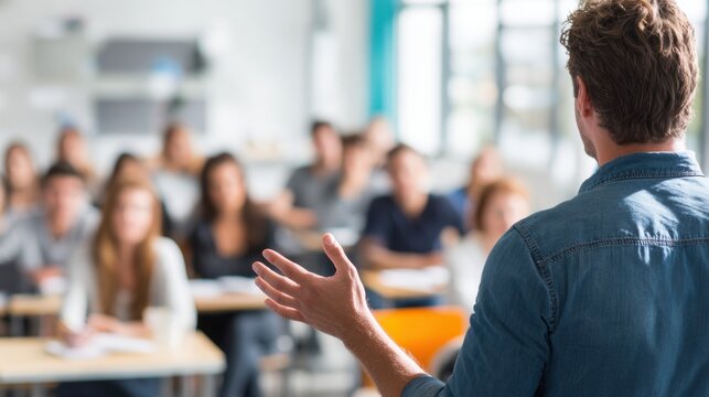 Education training class. Knowledge learning improvement study. A man wearing a blue shirt standing in front of a classroom full of students, attentively listening to a lecture.