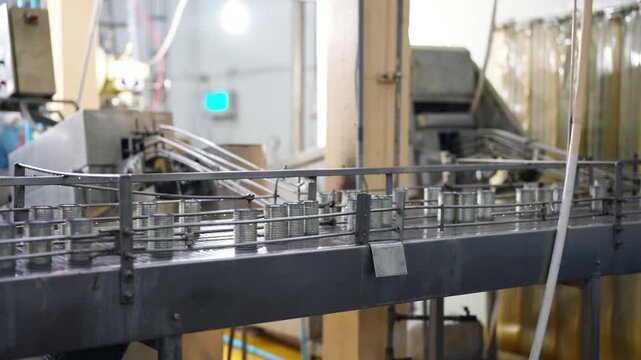 Canned food cans moving on automated conveyor belt in industrial seafood processing factory production line. Metal packaging and hygienic manufacturing for sardine and tomato sauce canning operation.