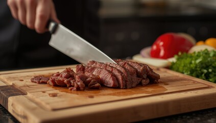 Preparation: Chopping cooked meat on a wooden board for a stir-fry