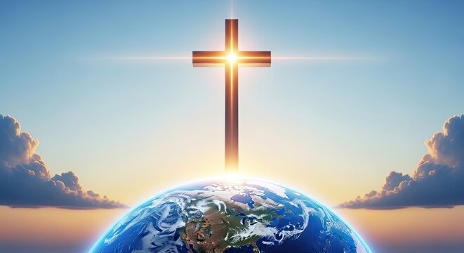 Happy easter monday cross over earth at sunrise symbolizing resurrection and new life