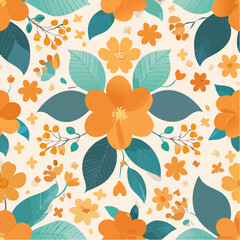 Seamless floral pattern with orange flowers and teal leaves on a warm beige background. Retro botanical design perfect for fabric, wallpaper, packaging, stationery and home decor