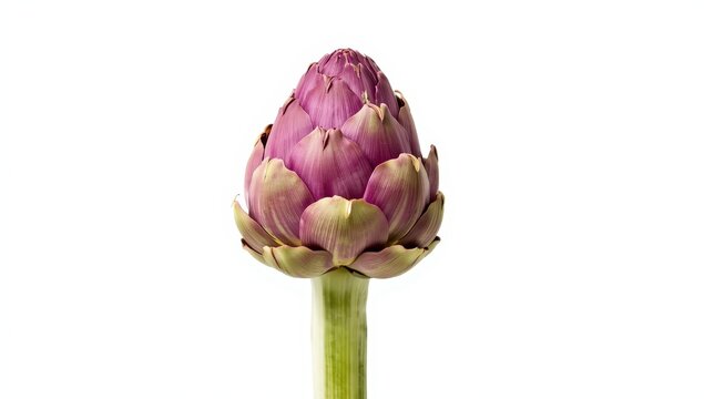 Purple artichoke, edible flower, Italian "carciofo" vegetable&mdash;close-up of upright leaves and stem on white background