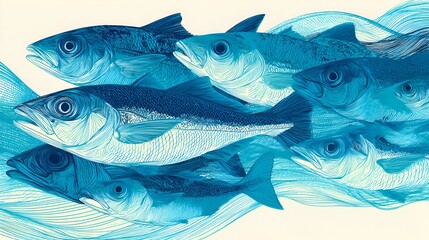 An artistic rende depicts a school of blue fish swimming in ocean currents against a stark white background in detailed drawing style.