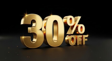 A shiny gold 30 percent off discount sign on a black background