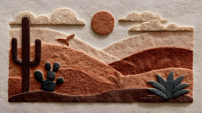 A textured desert landscape art piece showcasing a cactus, mountains, clouds, sun and soa bird in warm earthy tones and layered effect.