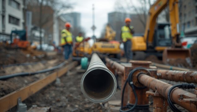 Renovation of city water pipes, with blurred backdrop. Utilities repair concept