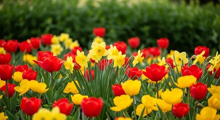Fototapeta premium A vibrant garden filled with red tulips and yellow daffodils in bloom
